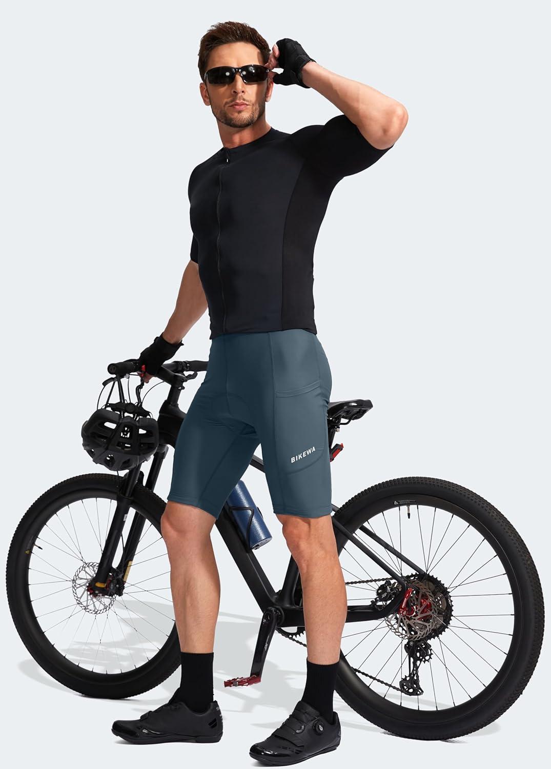 imageBikewa Mens Bike Shorts 3D Padded Cycling Road Biking Mountain Riding Biker Bicycle UPF 50 Cycle Shorts Zipper PocketsA Blue Grey