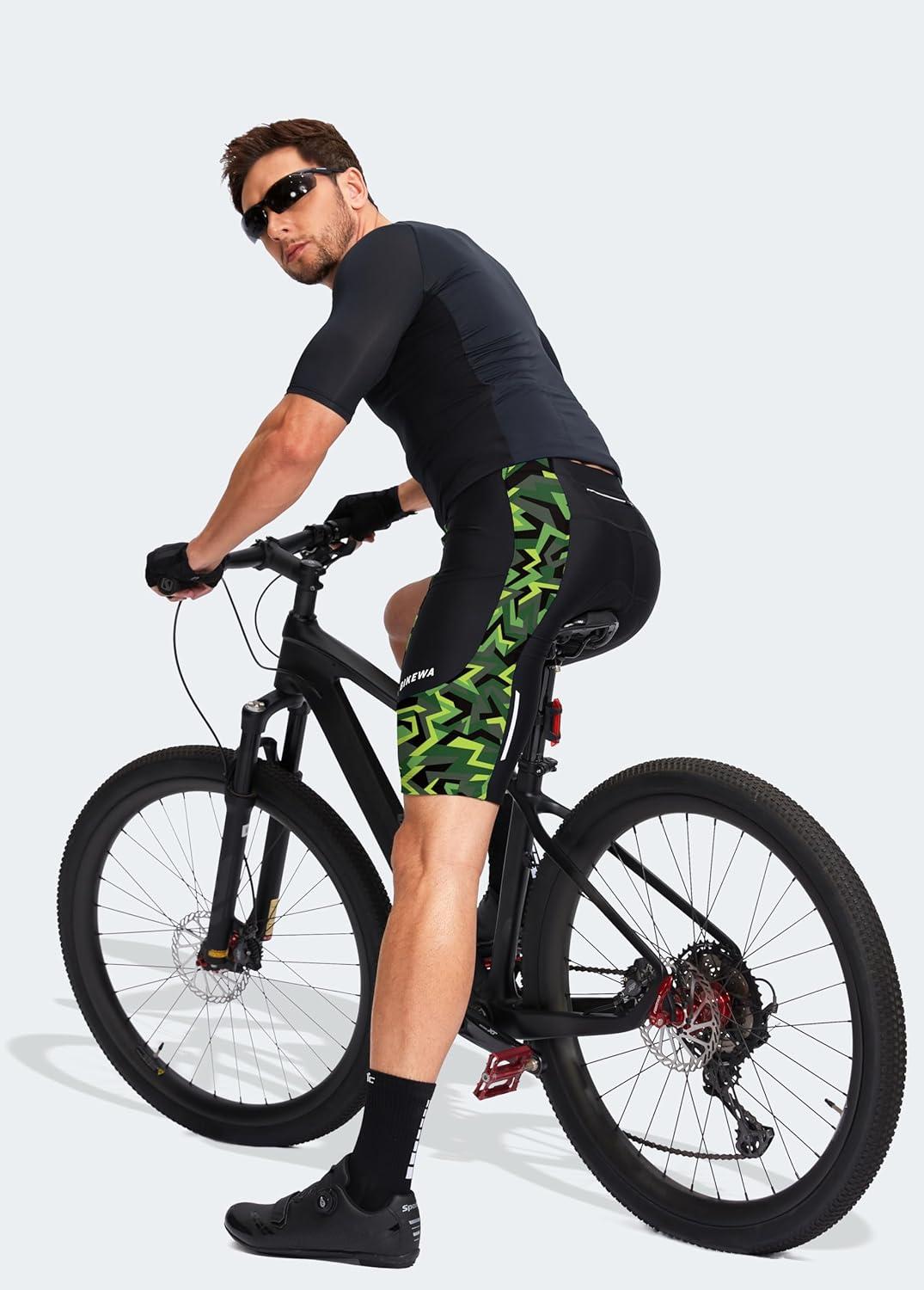 imageBikewa Mens Bike Shorts 3D Padded Cycling Road Biking Mountain Riding Biker Bicycle UPF 50 Cycle Shorts Zipper PocketsBlackGreen Polygon