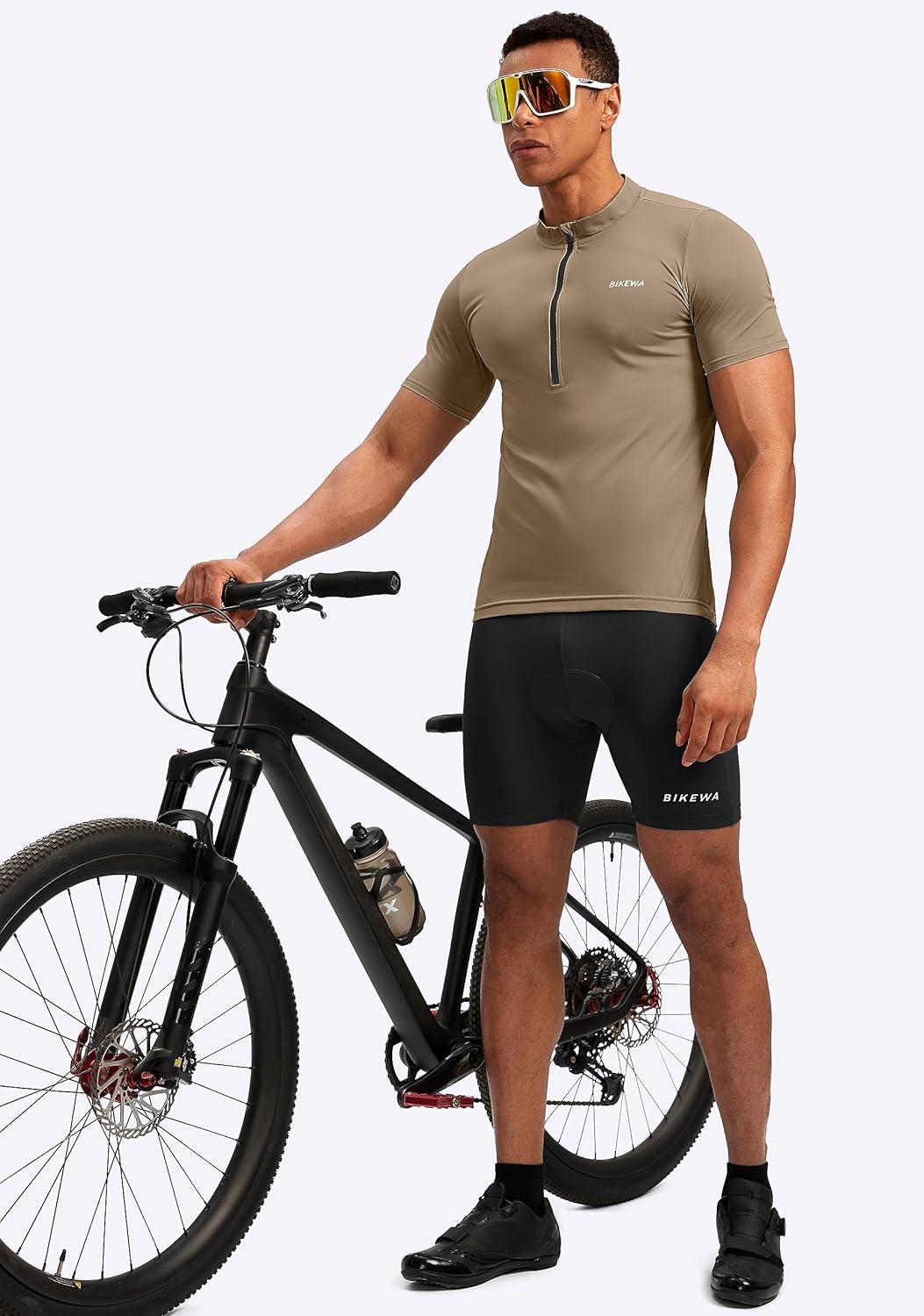 imageBikewa Mens Cycling Jersey Moisture Wicking Short Sleeve UPF Half Zip Bike Road Riding Biking Shirts for Men Zipper PocketsKhaki