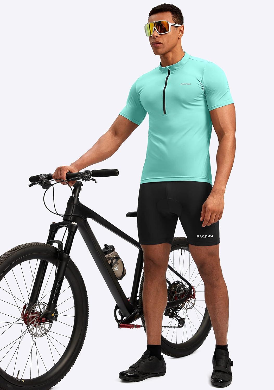 imageBikewa Mens Cycling Jersey Moisture Wicking Short Sleeve UPF Half Zip Bike Road Riding Biking Shirts for Men Zipper PocketsLight Green