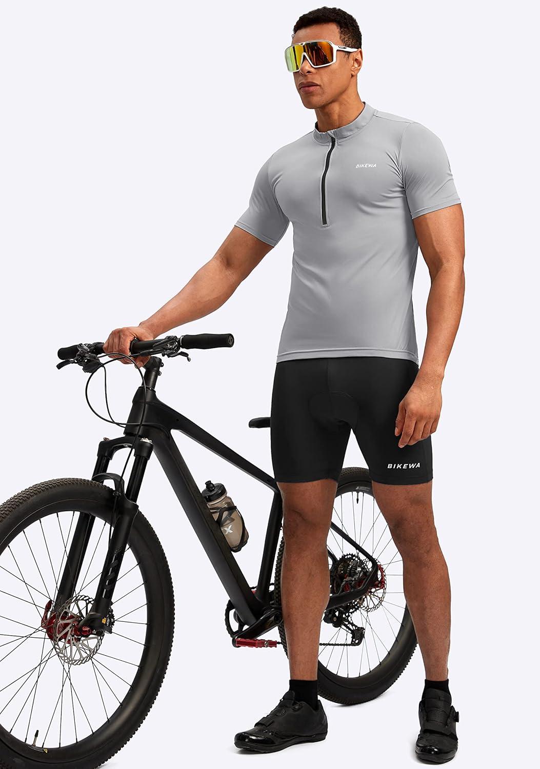 imageBikewa Mens Cycling Jersey Moisture Wicking Short Sleeve UPF Half Zip Bike Road Riding Biking Shirts for Men Zipper PocketsLight Grey
