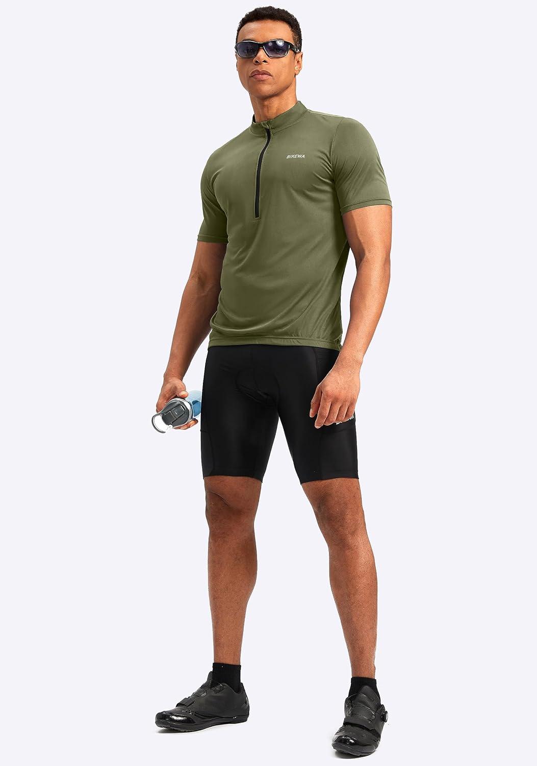 imageBikewa Mens Cycling Jersey Moisture Wicking Short Sleeve UPF Half Zip Bike Road Riding Biking Shirts for Men Zipper PocketsOlive