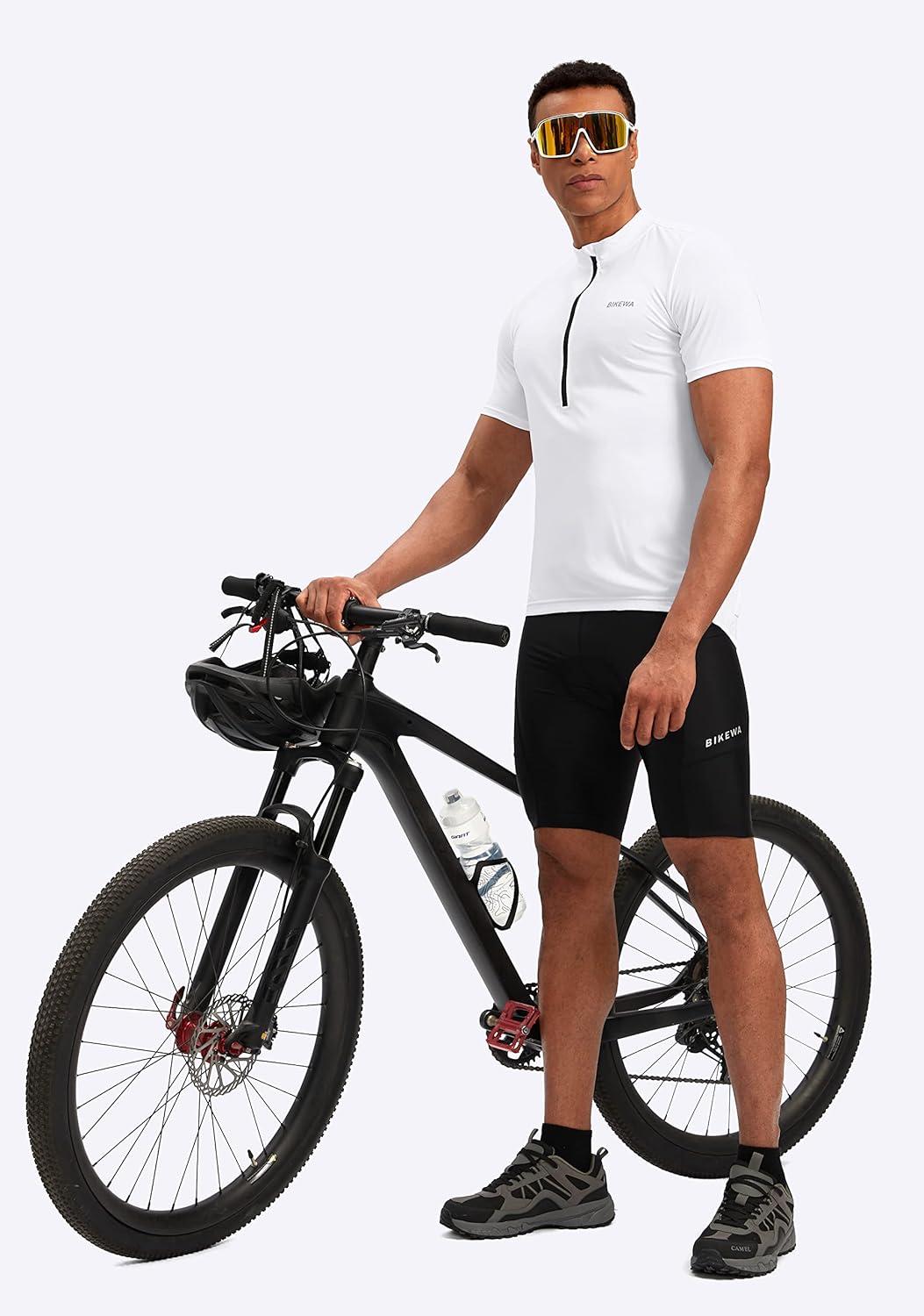 imageBikewa Mens Cycling Jersey Moisture Wicking Short Sleeve UPF Half Zip Bike Road Riding Biking Shirts for Men Zipper PocketsWhite