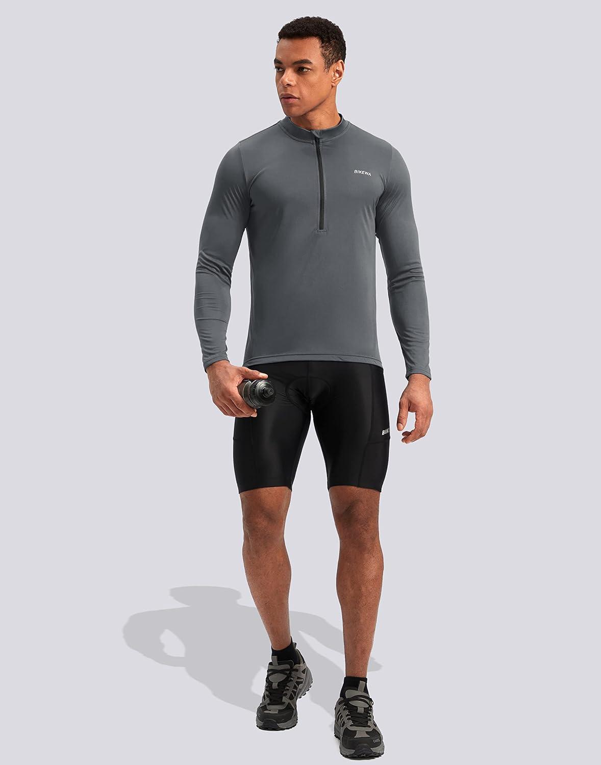 imageBikewa Mens Cycling Jersey with 31 Rear Zipper Pockets Long Sleeve Moisture Wicking UPF 50 Half Zip Riding Bike ShirtsDark Grey