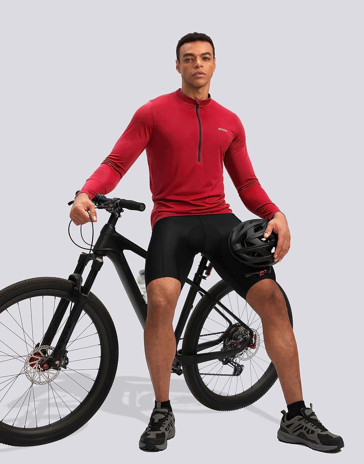 imageBikewa Mens Cycling Jersey with 31 Rear Zipper Pockets Long Sleeve Moisture Wicking UPF 50 Half Zip Riding Bike ShirtsDark Red