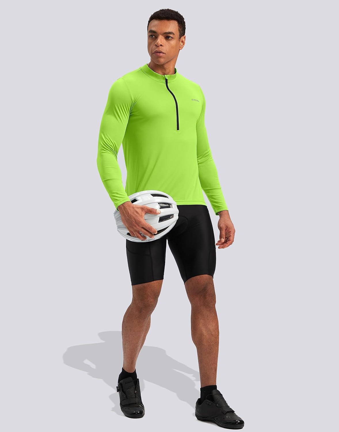 imageBikewa Mens Cycling Jersey with 31 Rear Zipper Pockets Long Sleeve Moisture Wicking UPF 50 Half Zip Riding Bike ShirtsFluorescent Green
