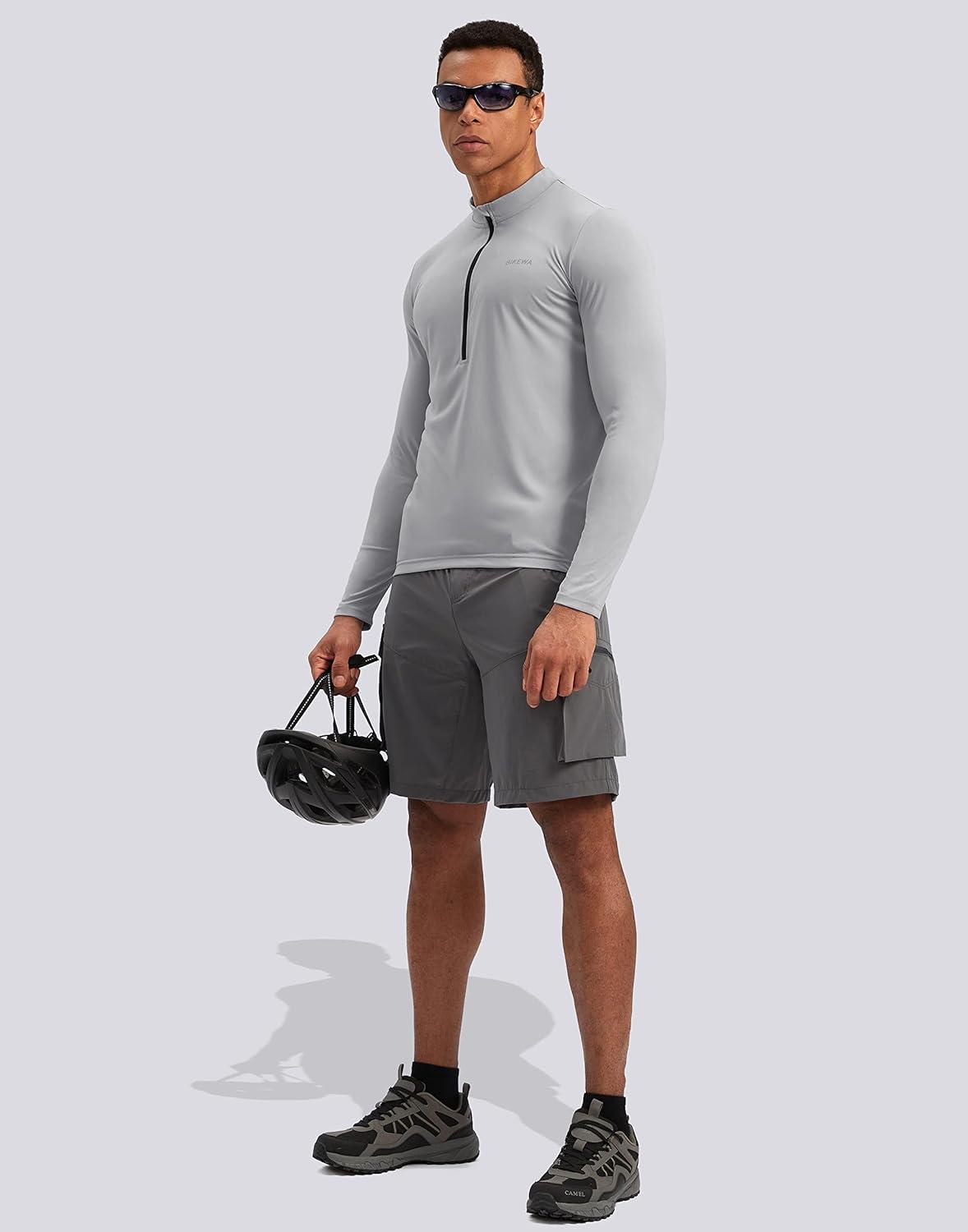 imageBikewa Mens Cycling Jersey with 31 Rear Zipper Pockets Long Sleeve Moisture Wicking UPF 50 Half Zip Riding Bike ShirtsLight Grey