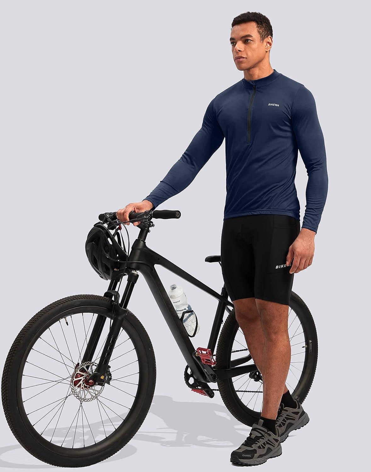 imageBikewa Mens Cycling Jersey with 31 Rear Zipper Pockets Long Sleeve Moisture Wicking UPF 50 Half Zip Riding Bike ShirtsNavy