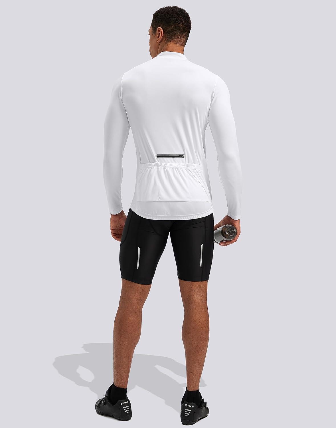 imageBikewa Mens Cycling Jersey with 31 Rear Zipper Pockets Long Sleeve Moisture Wicking UPF 50 Half Zip Riding Bike ShirtsWhite