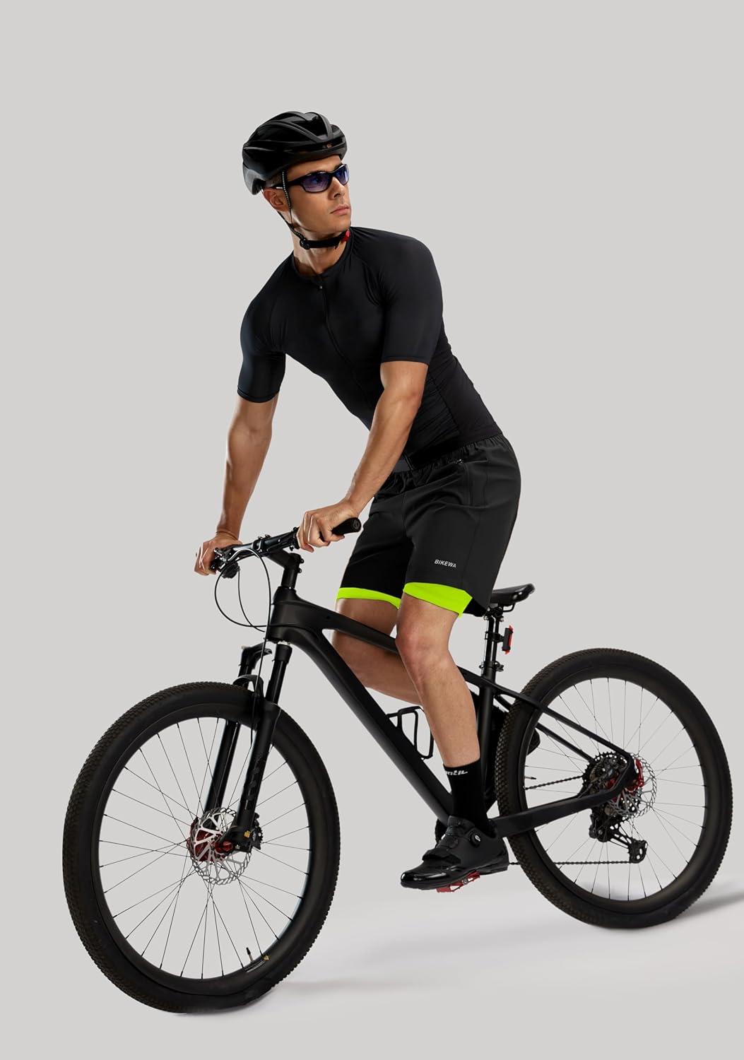 imageBikewa Mens Mountain Bike Shorts 3D Padded Loosefit Riding Biking Cycling Bicycle Biker Shorts for Men Zipper PocketsBlackFluorescent Green