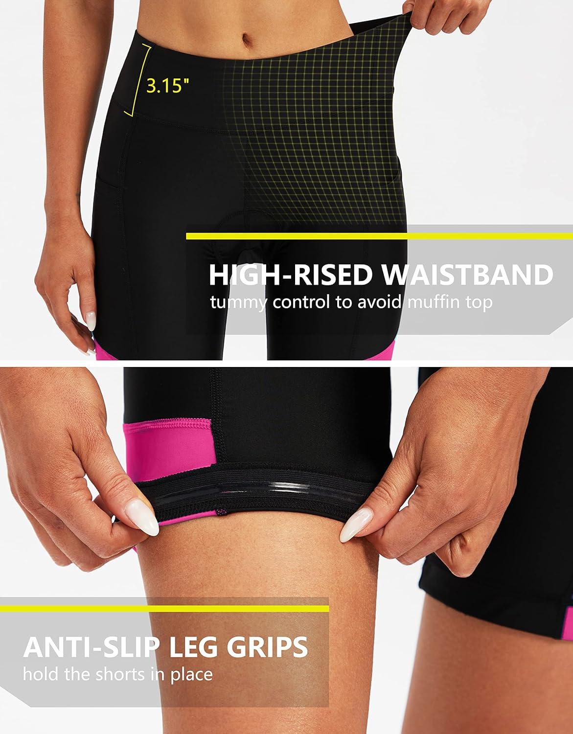 imageBikewa Womens 4D Padded Bike Shorts Cycling Riding Road Biking Bicycle Cycle Shorts for Women Zipper PocketsBlackRosy
