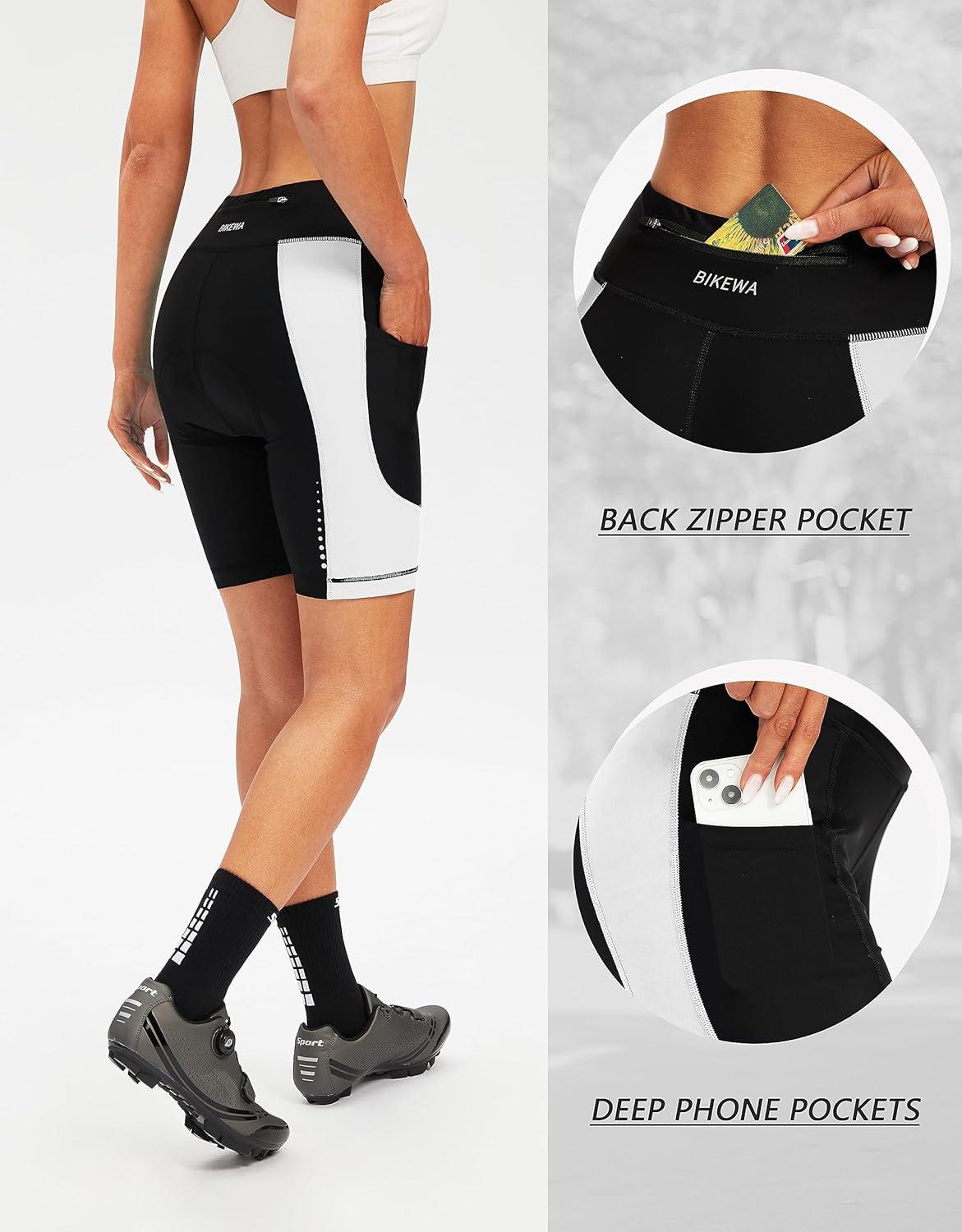 imageBikewa Womens 4D Padded Bike Shorts Cycling Riding Road Biking Bicycle Cycle Shorts for Women Zipper PocketsBlackWhite