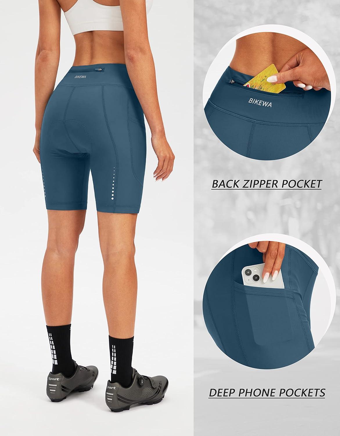 imageBikewa Womens 4D Padded Bike Shorts Cycling Riding Road Biking Bicycle Cycle Shorts for Women Zipper PocketsBlue Grey