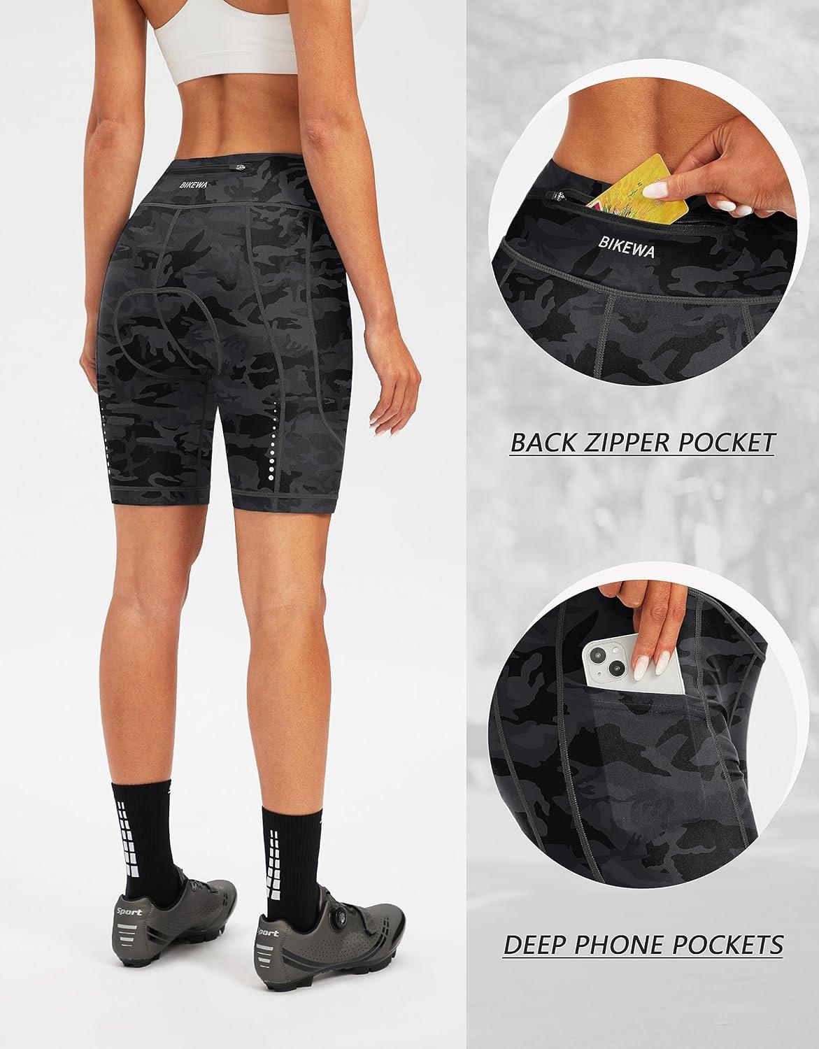 imageBikewa Womens 4D Padded Bike Shorts Cycling Riding Road Biking Bicycle Cycle Shorts for Women Zipper PocketsCamo Black