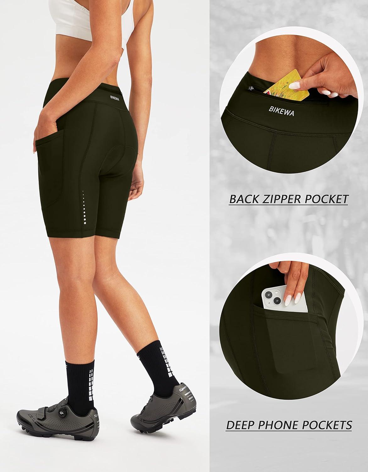 imageBikewa Womens 4D Padded Bike Shorts Cycling Riding Road Biking Bicycle Cycle Shorts for Women Zipper PocketsOlive Green