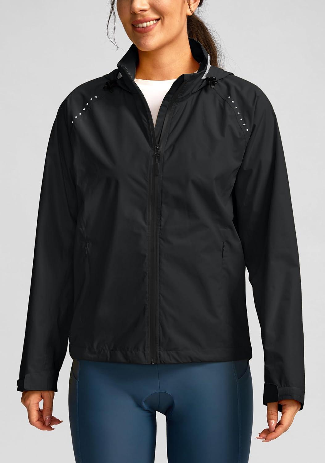 imageBikewa Womens Cycling Rain Jackets Waterproof Windbreaker Lightweight Running Windproof Reflective Jacket Packable HoodedBlack