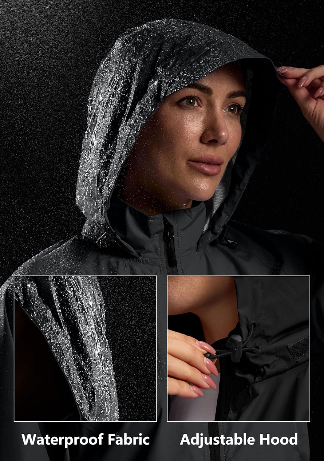 imageBikewa Womens Cycling Rain Jackets Waterproof Windbreaker Lightweight Running Windproof Reflective Jacket Packable HoodedBlack