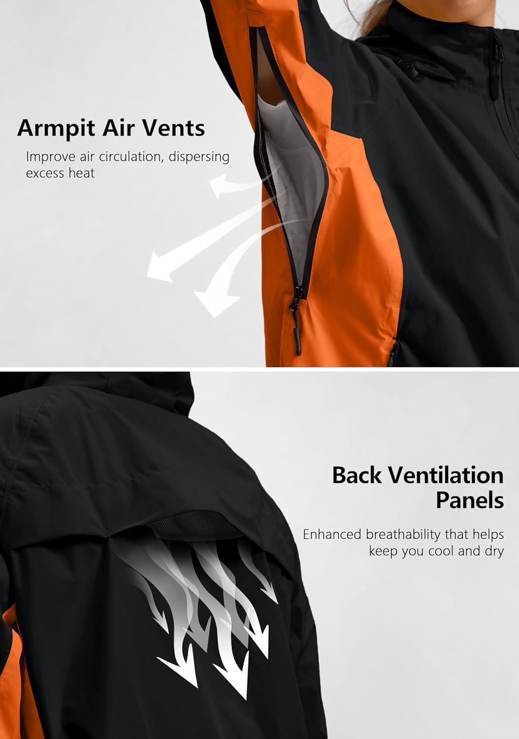 imageBikewa Womens Cycling Rain Jackets Waterproof Windbreaker Lightweight Running Windproof Reflective Jacket Packable HoodedBlackOrange