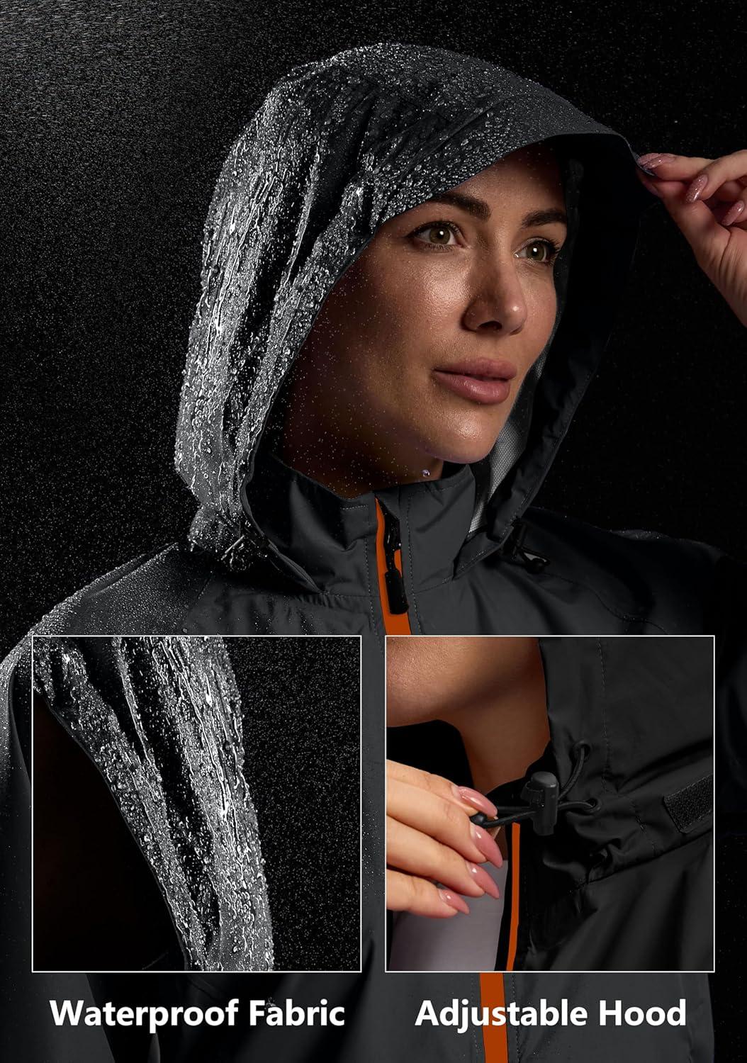 imageBikewa Womens Cycling Rain Jackets Waterproof Windbreaker Lightweight Running Windproof Reflective Jacket Packable HoodedBlackOrange