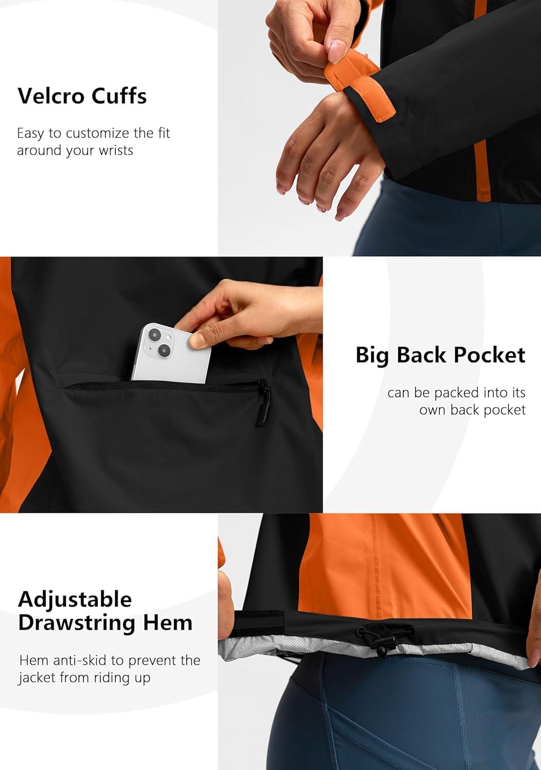 imageBikewa Womens Cycling Rain Jackets Waterproof Windbreaker Lightweight Running Windproof Reflective Jacket Packable HoodedBlackOrange