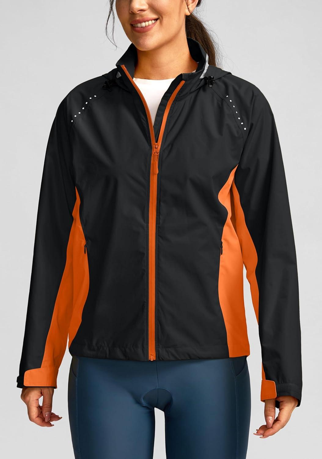 imageBikewa Womens Cycling Rain Jackets Waterproof Windbreaker Lightweight Running Windproof Reflective Jacket Packable HoodedBlackOrange