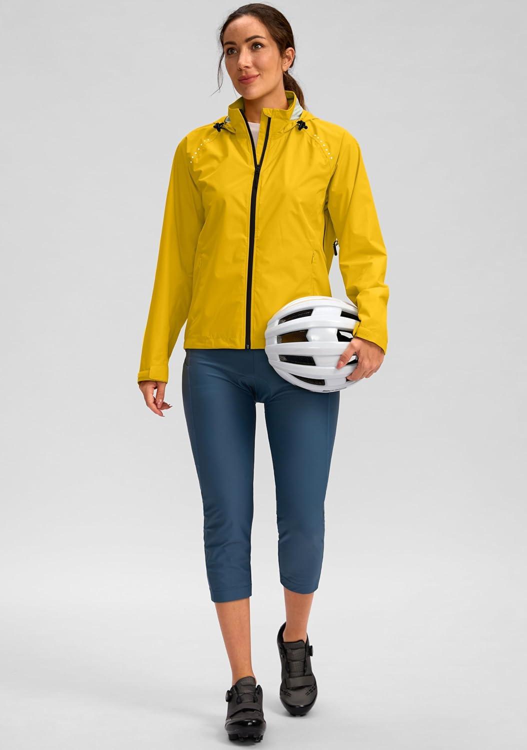 imageBikewa Womens Cycling Rain Jackets Waterproof Windbreaker Lightweight Running Windproof Reflective Jacket Packable HoodedDusty Yellow
