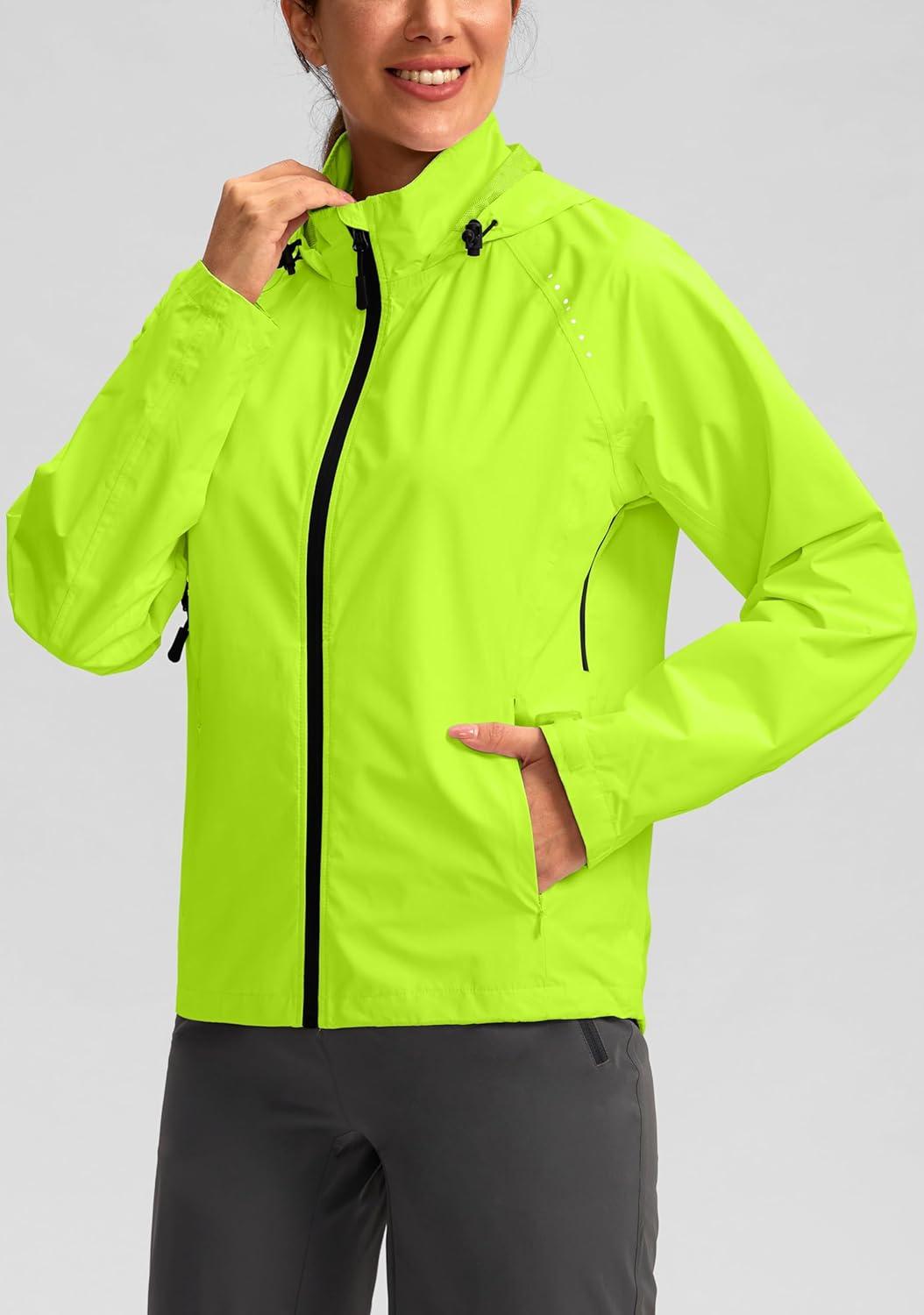 imageBikewa Womens Cycling Rain Jackets Waterproof Windbreaker Lightweight Running Windproof Reflective Jacket Packable HoodedFluorescent Yellow
