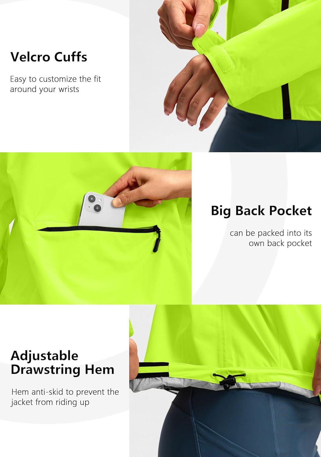 imageBikewa Womens Cycling Rain Jackets Waterproof Windbreaker Lightweight Running Windproof Reflective Jacket Packable HoodedFluorescent Yellow
