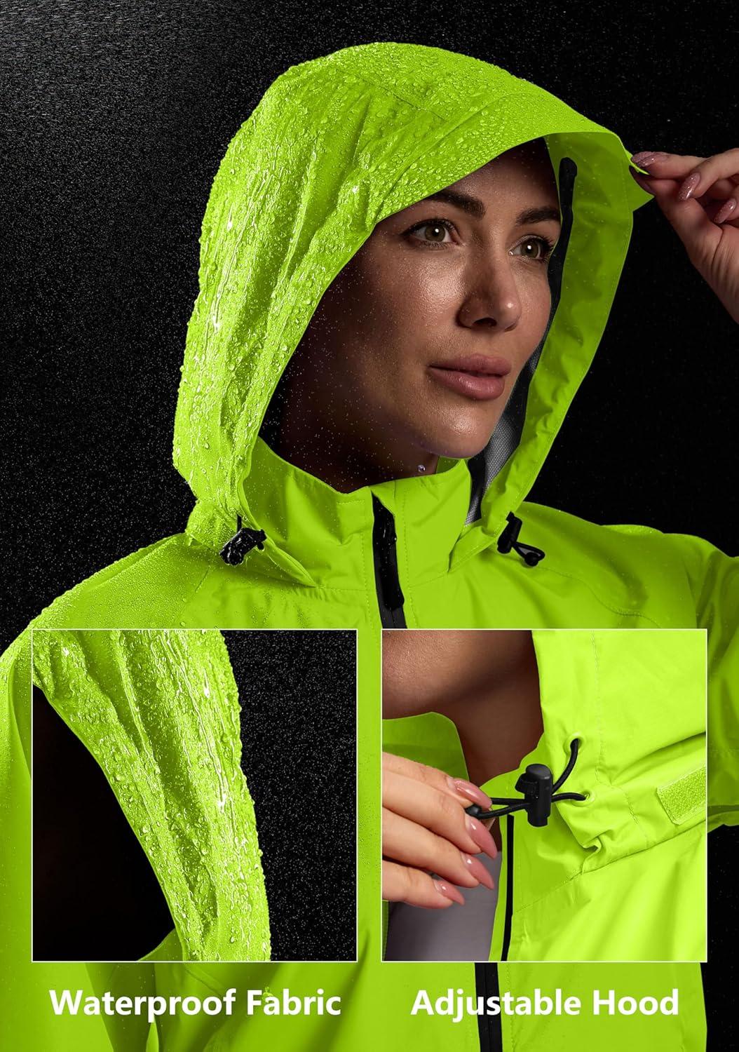 imageBikewa Womens Cycling Rain Jackets Waterproof Windbreaker Lightweight Running Windproof Reflective Jacket Packable HoodedFluorescent YellowBlack