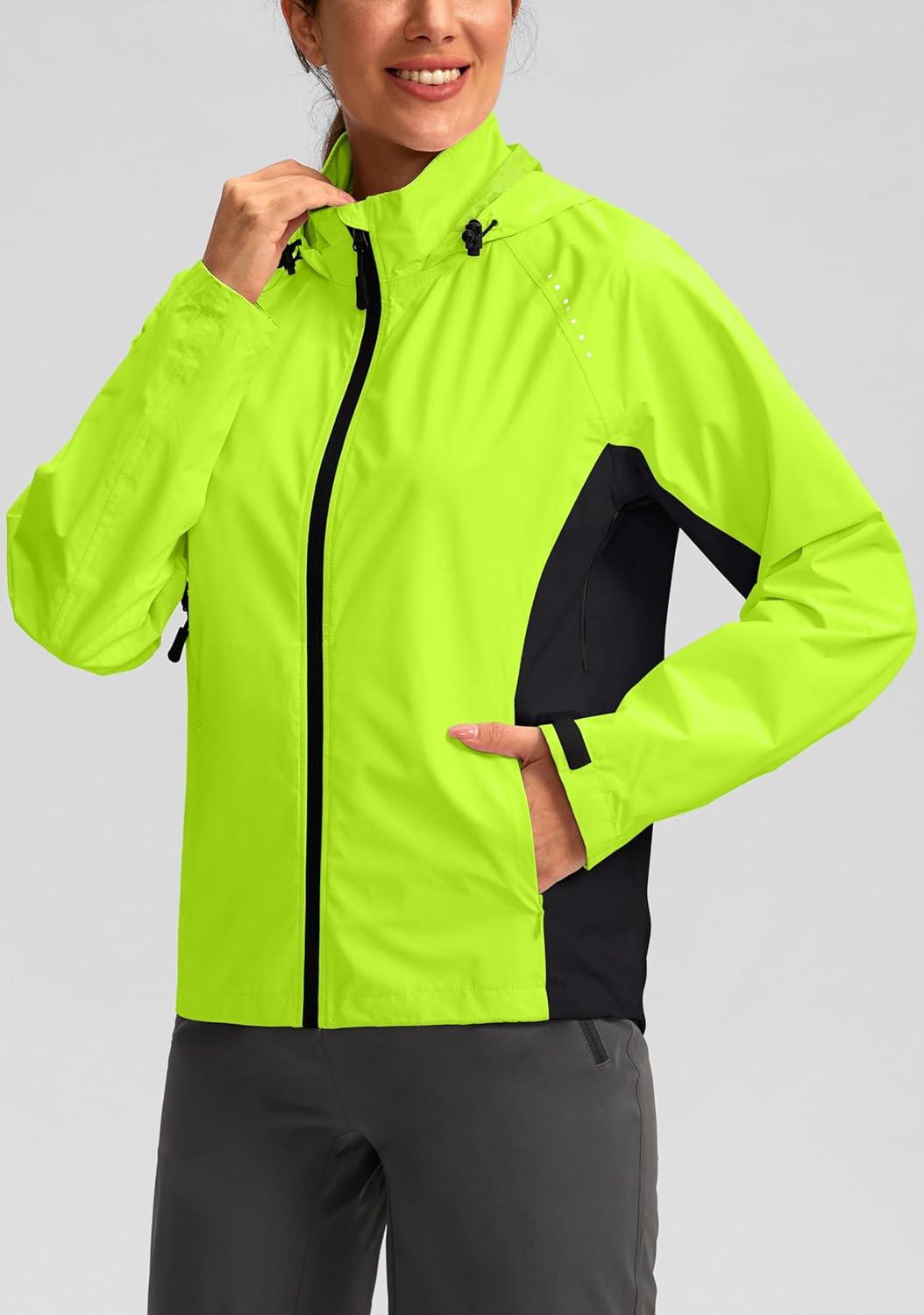 imageBikewa Womens Cycling Rain Jackets Waterproof Windbreaker Lightweight Running Windproof Reflective Jacket Packable HoodedFluorescent YellowBlack