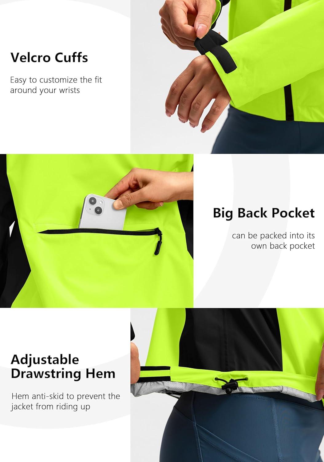 imageBikewa Womens Cycling Rain Jackets Waterproof Windbreaker Lightweight Running Windproof Reflective Jacket Packable HoodedFluorescent YellowBlack