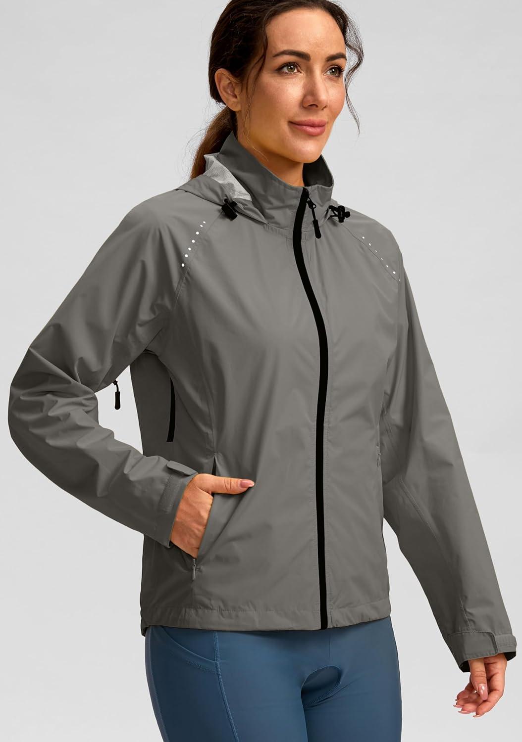 imageBikewa Womens Cycling Rain Jackets Waterproof Windbreaker Lightweight Running Windproof Reflective Jacket Packable HoodedGrey