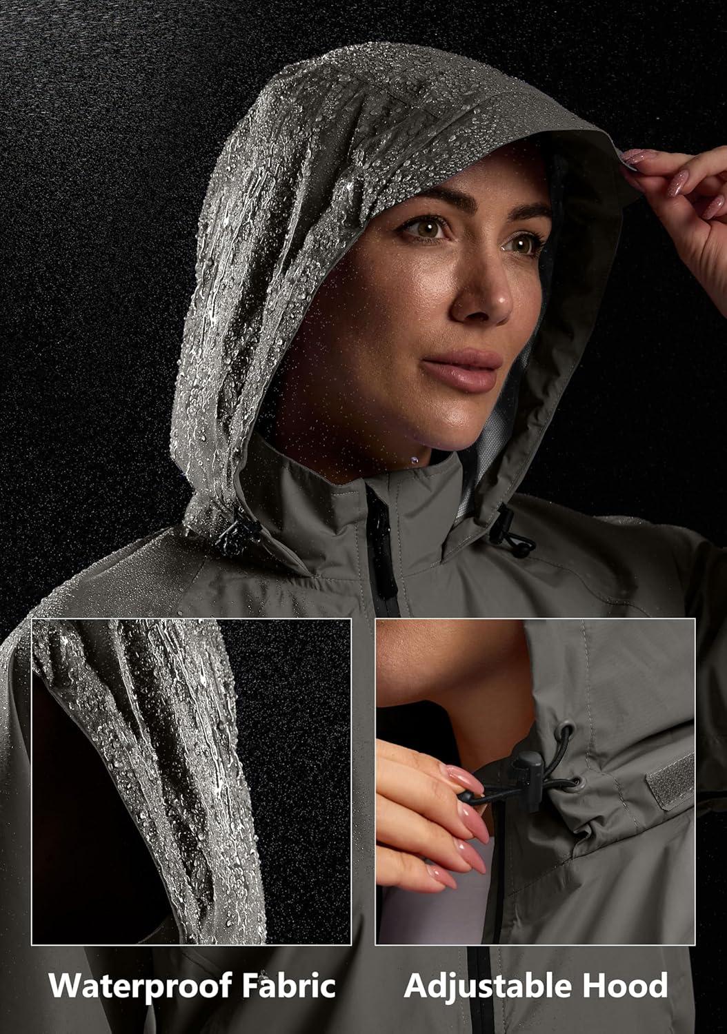 imageBikewa Womens Cycling Rain Jackets Waterproof Windbreaker Lightweight Running Windproof Reflective Jacket Packable HoodedGrey