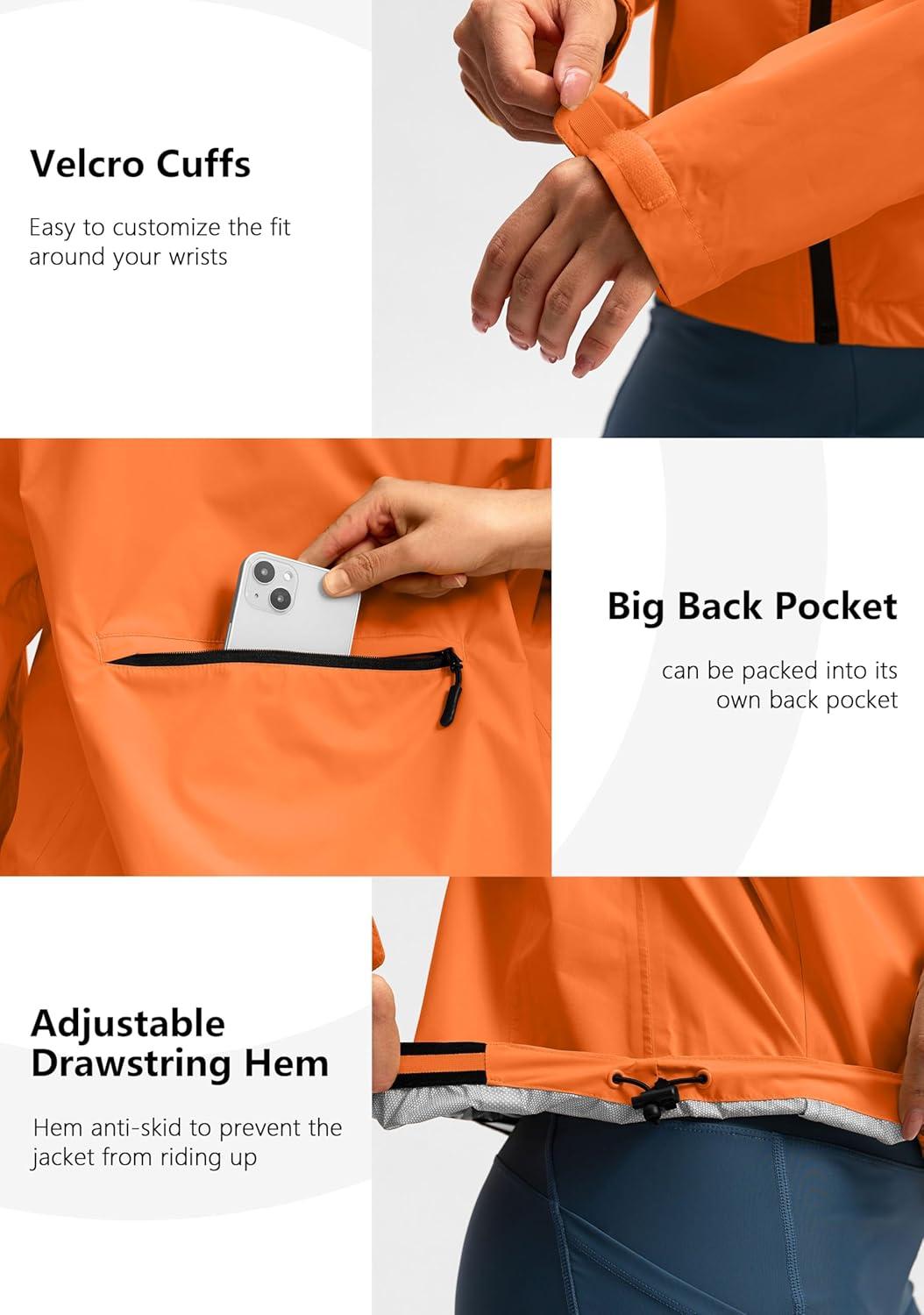 imageBikewa Womens Cycling Rain Jackets Waterproof Windbreaker Lightweight Running Windproof Reflective Jacket Packable HoodedOrange