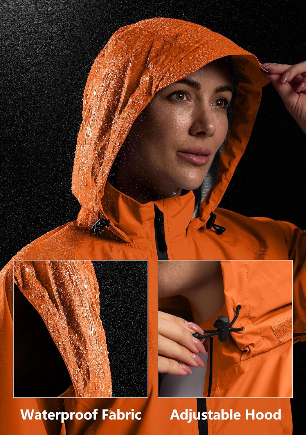 imageBikewa Womens Cycling Rain Jackets Waterproof Windbreaker Lightweight Running Windproof Reflective Jacket Packable HoodedOrange