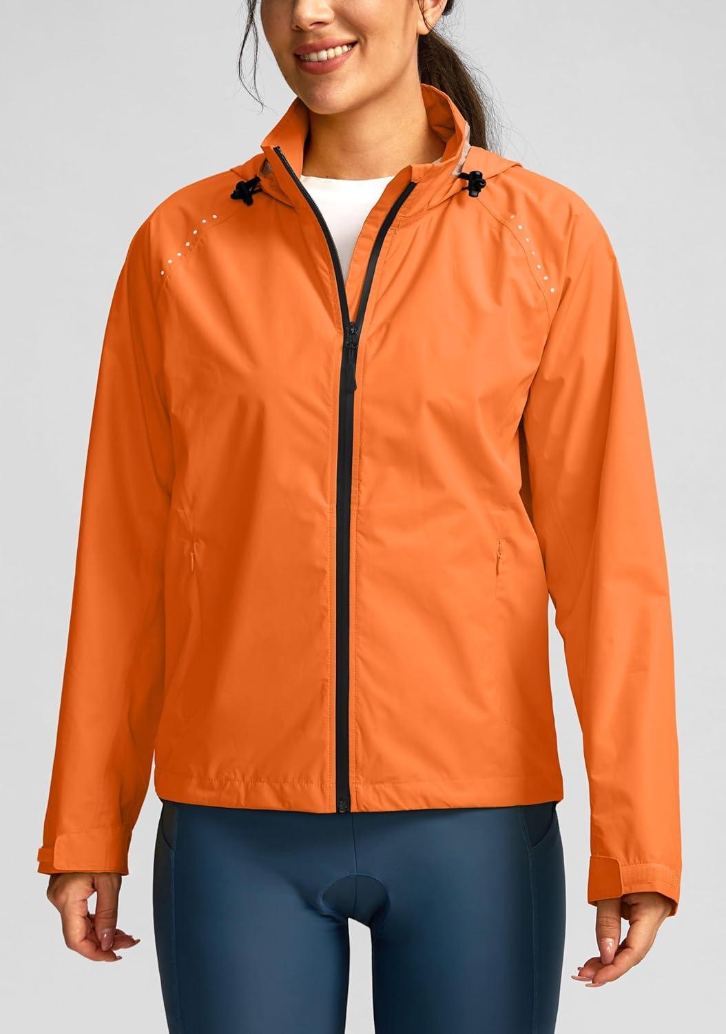 imageBikewa Womens Cycling Rain Jackets Waterproof Windbreaker Lightweight Running Windproof Reflective Jacket Packable HoodedOrange