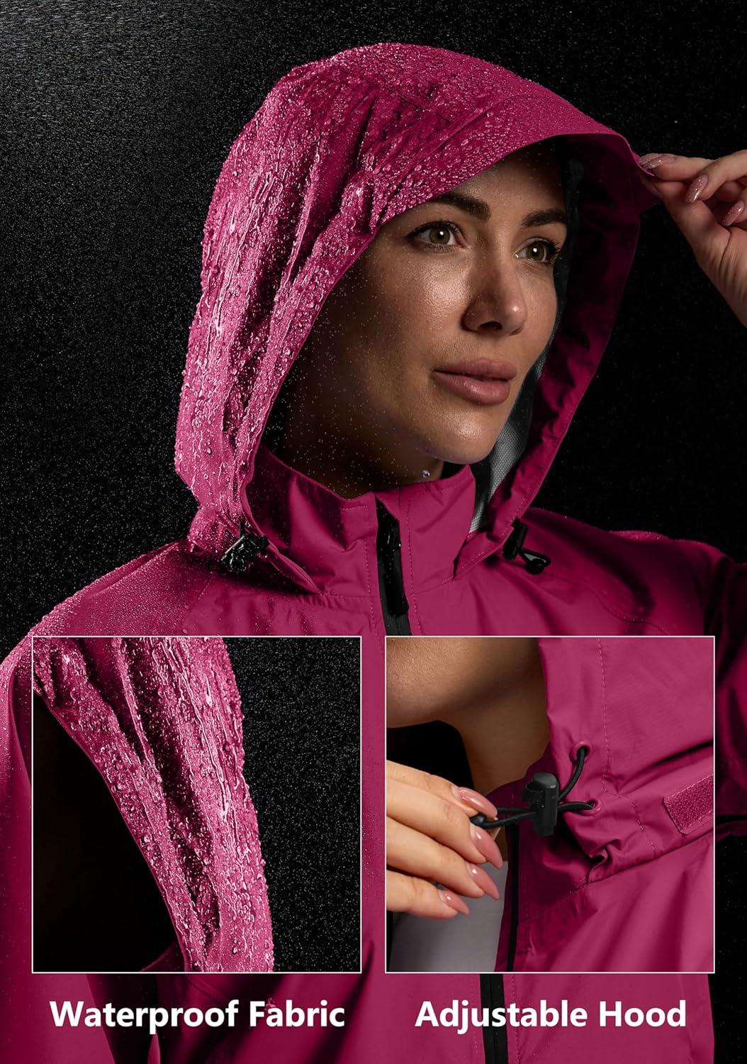 imageBikewa Womens Cycling Rain Jackets Waterproof Windbreaker Lightweight Running Windproof Reflective Jacket Packable HoodedRose Red