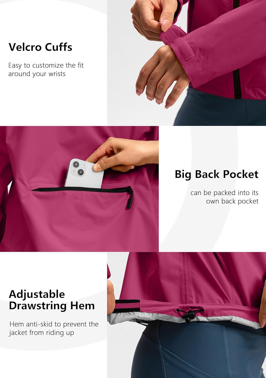 imageBikewa Womens Cycling Rain Jackets Waterproof Windbreaker Lightweight Running Windproof Reflective Jacket Packable HoodedRose Red