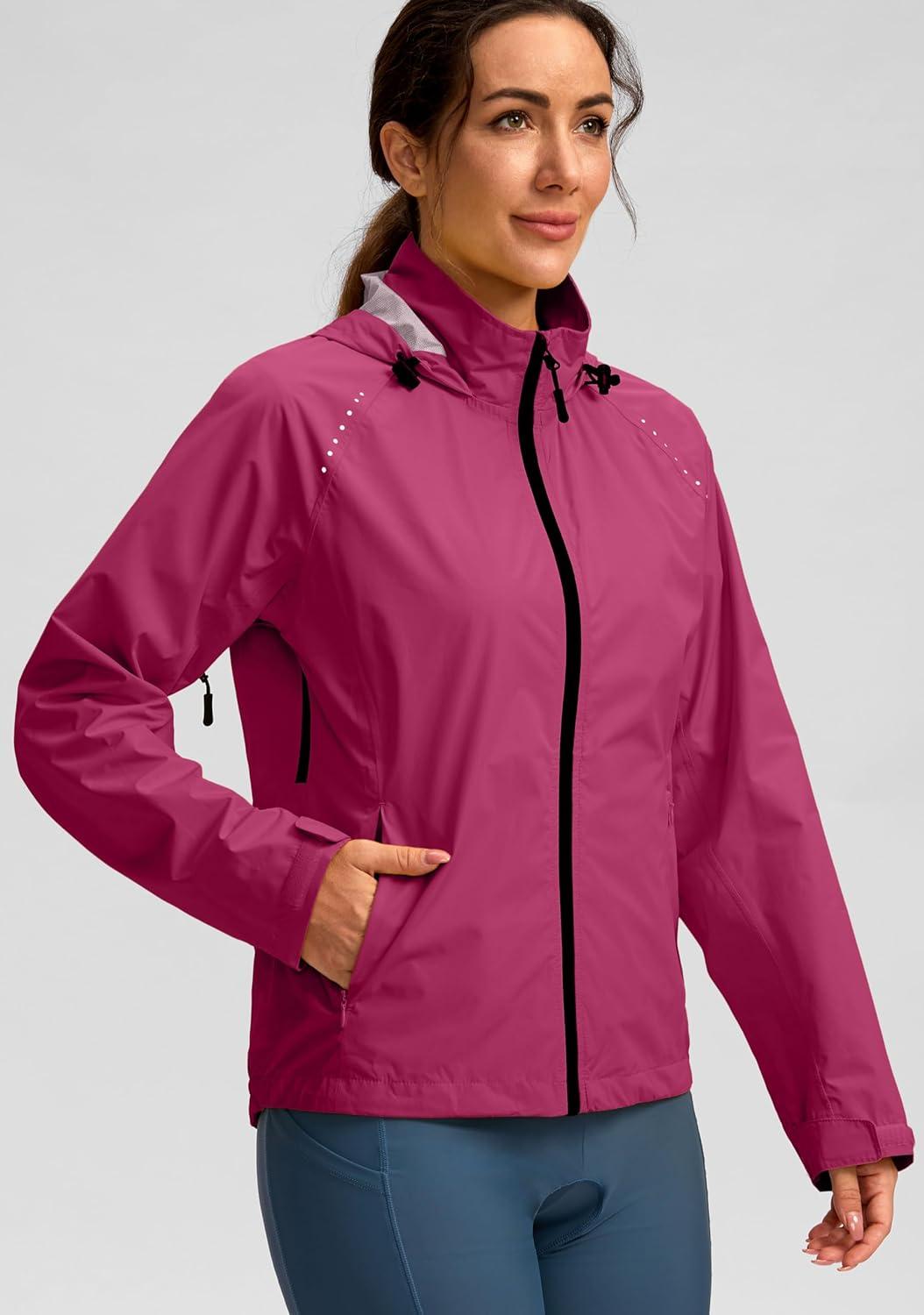 imageBikewa Womens Cycling Rain Jackets Waterproof Windbreaker Lightweight Running Windproof Reflective Jacket Packable HoodedRose Red