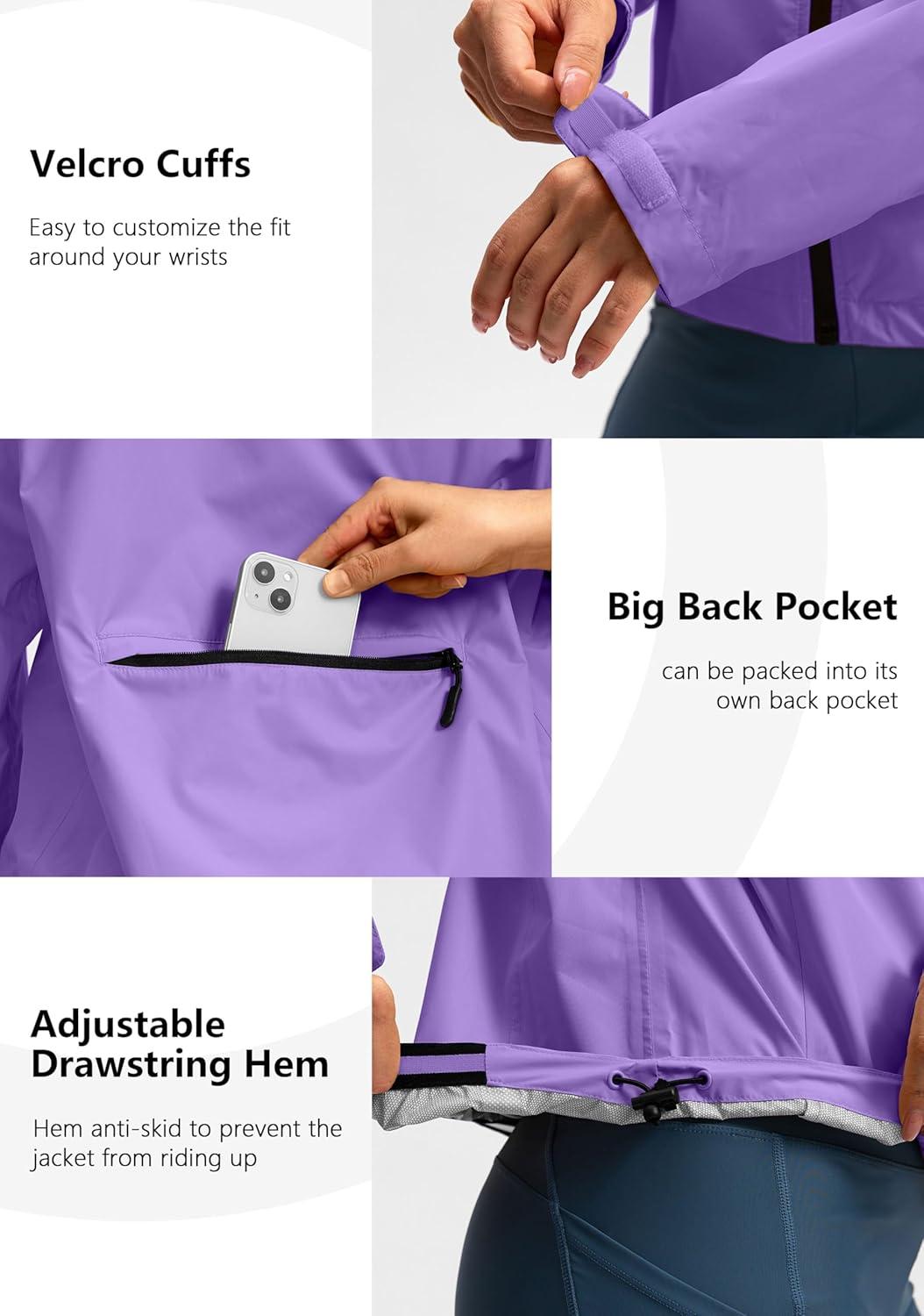 imageBikewa Womens Cycling Rain Jackets Waterproof Windbreaker Lightweight Running Windproof Reflective Jacket Packable HoodedTaro Purple