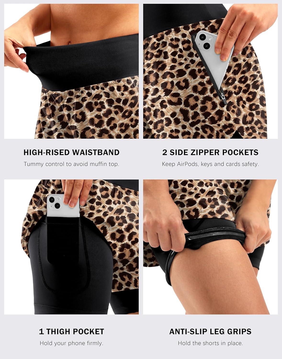 imageBikewa Womens Mountain Bike Shorts 4D Padded Cycling Riding Biking Bicycle Biker Cycle Shorts for Women Zipper PocketsLeopard