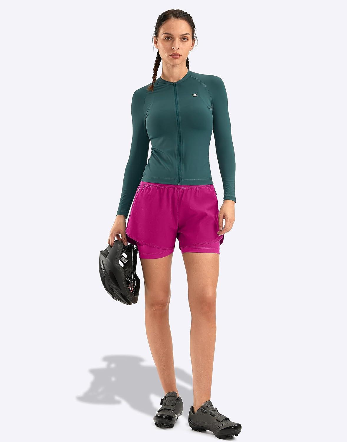 imageBikewa Womens Mountain Bike Shorts 4D Padded Cycling Riding Biking Bicycle Biker Cycle Shorts for Women Zipper PocketsRose