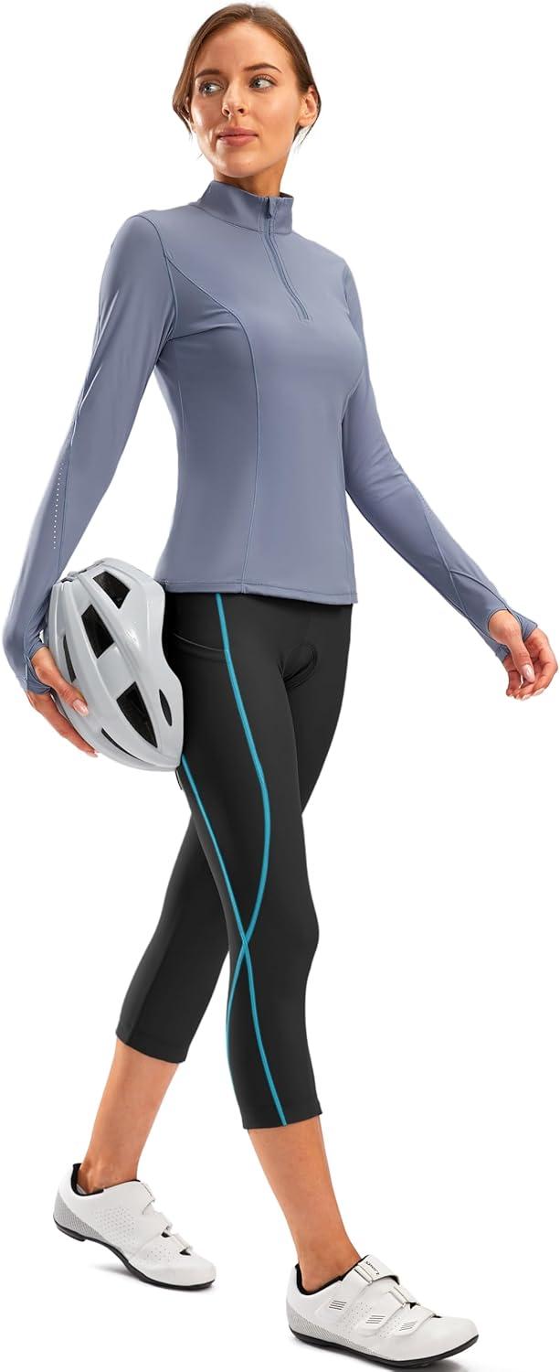 imageWomens 4D Padded Bike Pants High Waist Cycling Shorts Bicycle Capris 34 Biking Tights with Zipper PocketsBlackSky Blue