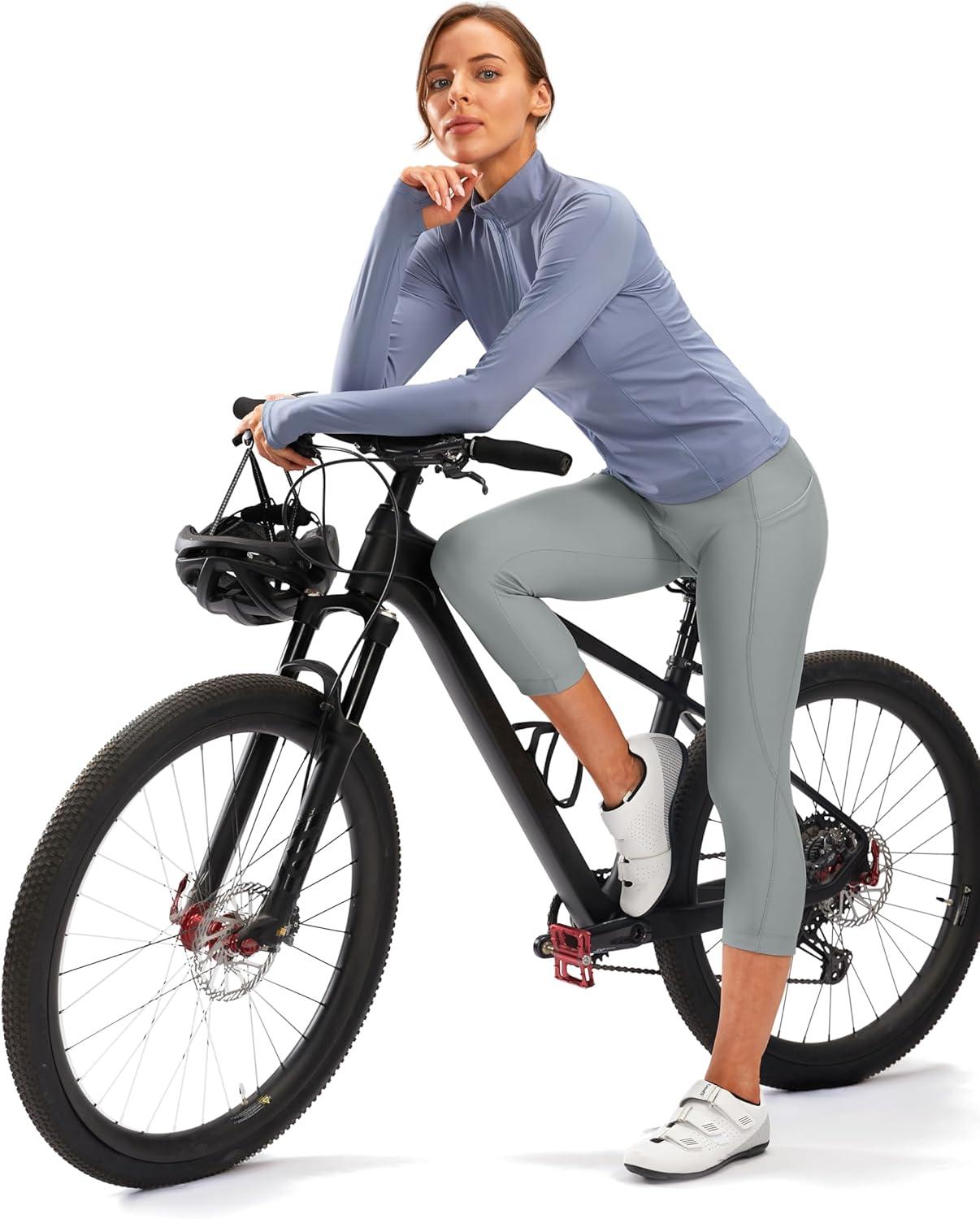 imageWomens 4D Padded Bike Pants High Waist Cycling Shorts Bicycle Capris 34 Biking Tights with Zipper PocketsLight Grey