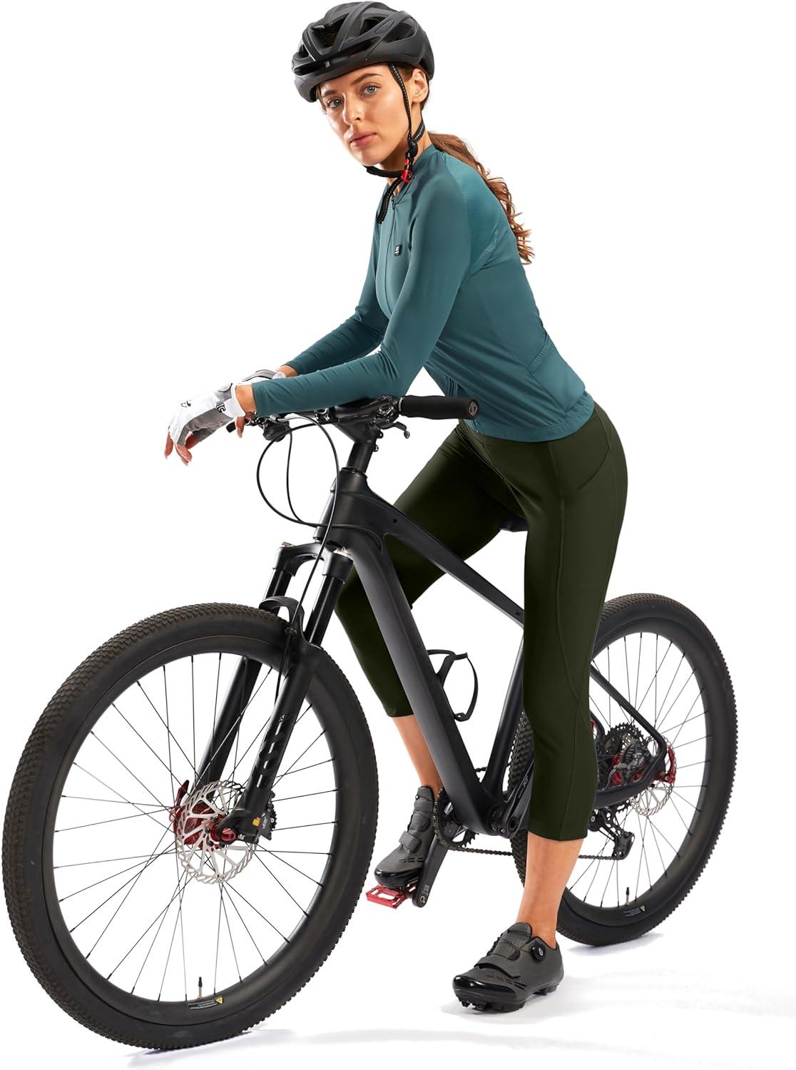 imageWomens 4D Padded Bike Pants High Waist Cycling Shorts Bicycle Capris 34 Biking Tights with Zipper PocketsOlive Green