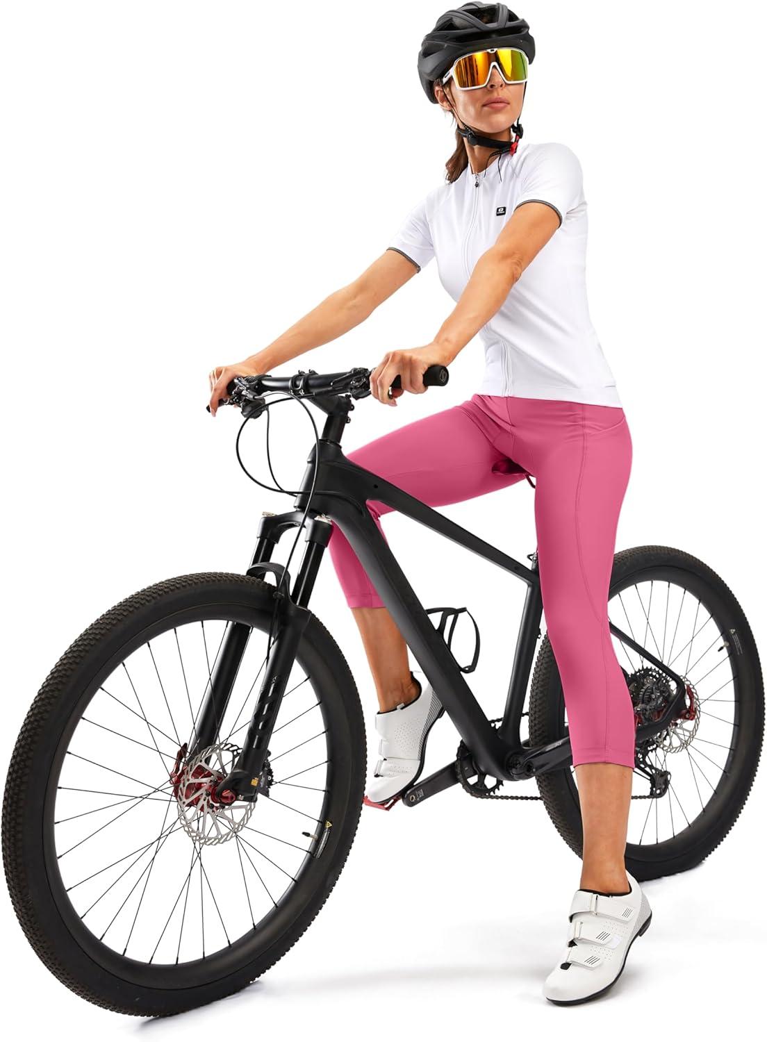 imageWomens 4D Padded Bike Pants High Waist Cycling Shorts Bicycle Capris 34 Biking Tights with Zipper PocketsPink