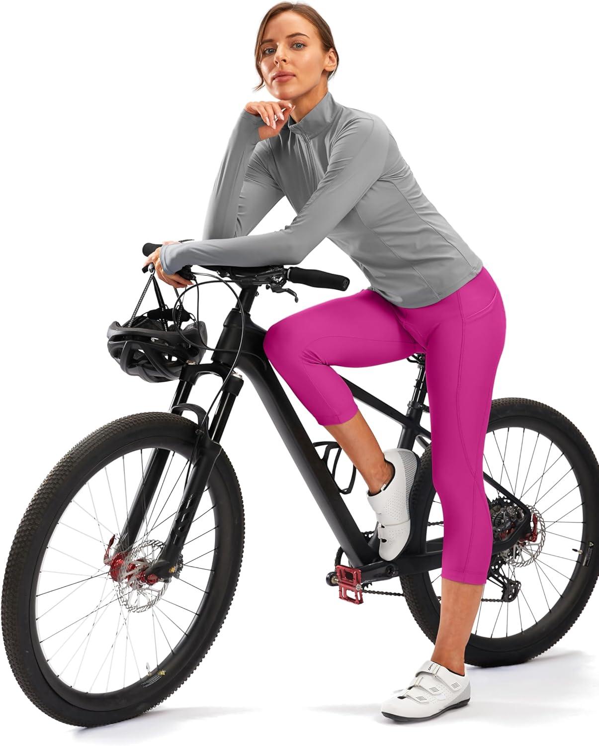 imageWomens 4D Padded Bike Pants High Waist Cycling Shorts Bicycle Capris 34 Biking Tights with Zipper PocketsRosy