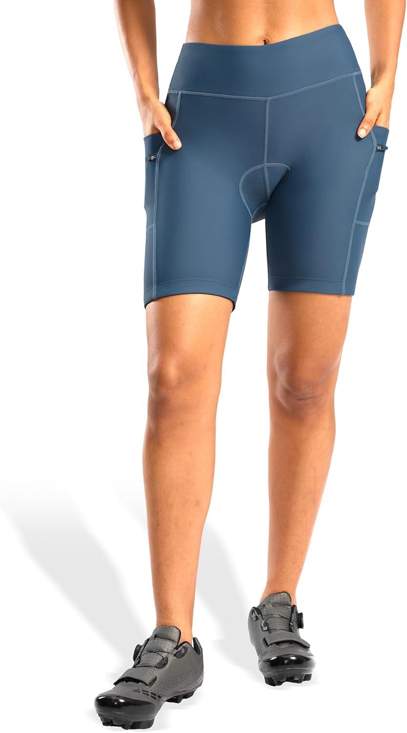 imageWomens 4D Padded Bike Shorts 5quot7quot Riding Underwear Cycling Bicycle Road Biking Cycle Shorts for Women Zipper PocketsBlue Grey