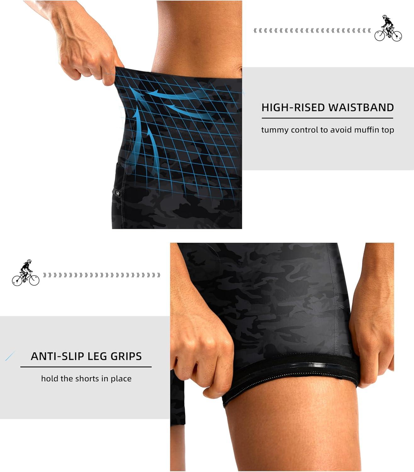imageWomens 4D Padded Bike Shorts 5quot7quot Riding Underwear Cycling Bicycle Road Biking Cycle Shorts for Women Zipper PocketsCamo Black
