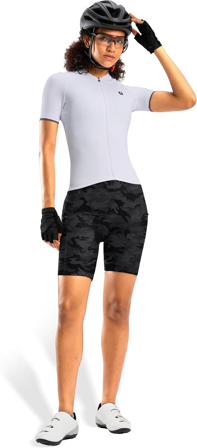 imageWomens 4D Padded Bike Shorts 5quot7quot Riding Underwear Cycling Bicycle Road Biking Cycle Shorts for Women Zipper PocketsCamo Black